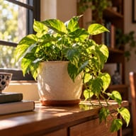 Sample: a potted plant on a wooden sideboard